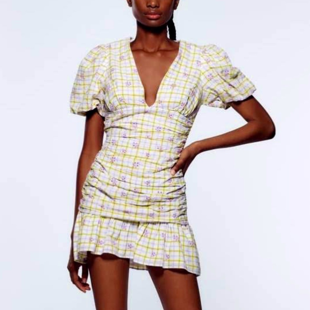 NWT Zara Checkered Draped Floral Mini Dress, Sz XS